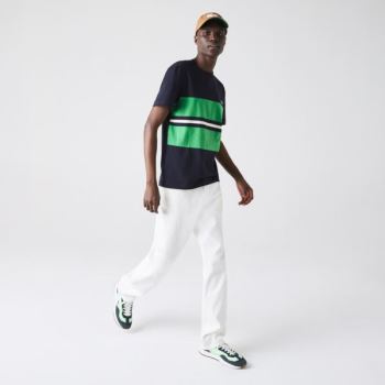 Lacoste Crewneck Striped Cotton T-shirt Pánské - Tričko Tmavě Blankyt Blankyt / Zelene / Béžový | CZ